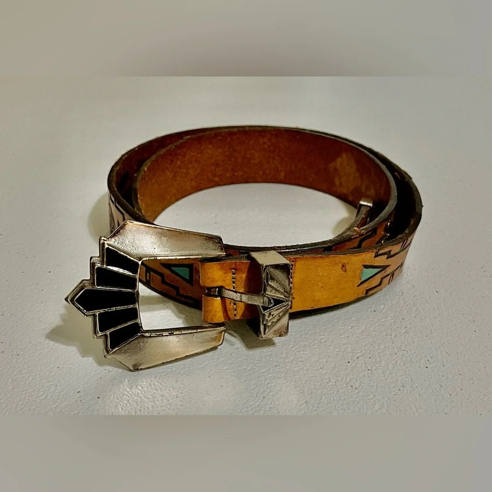 Native American Southwestern Style Tan Leather Belt with Silver Buckle - Picture 15 of 15